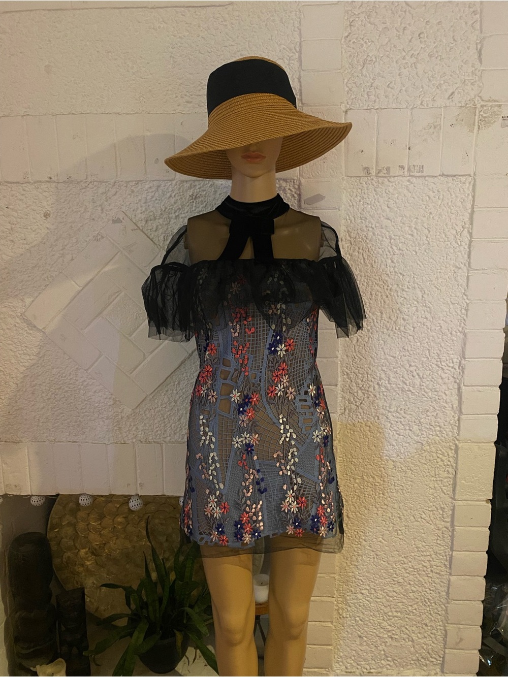 Self-Portrait Black Mesh Mini Dress with Multicolor Floral Embroidery